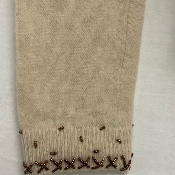 Tan Cardigan Sweater with Beaded Wheat Pattern and Lace Appliqués, Tie Belt (S) - Picture 8 of 15